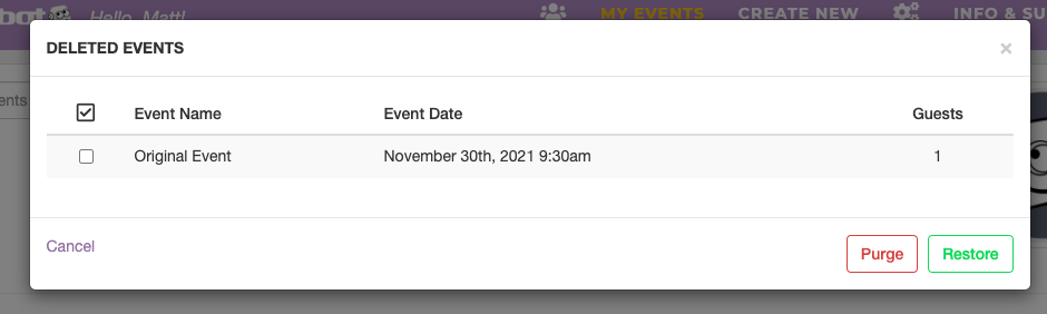 My Events: copying, linking and deleting events and managing your events list